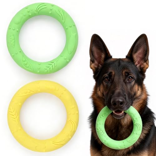 2 giocattoli per cani in gomma per masticatori forti, in gomma naturale, giocattolo da masticare per anelli, in caucciù per cani di taglia grande e piccola, giallo, verde