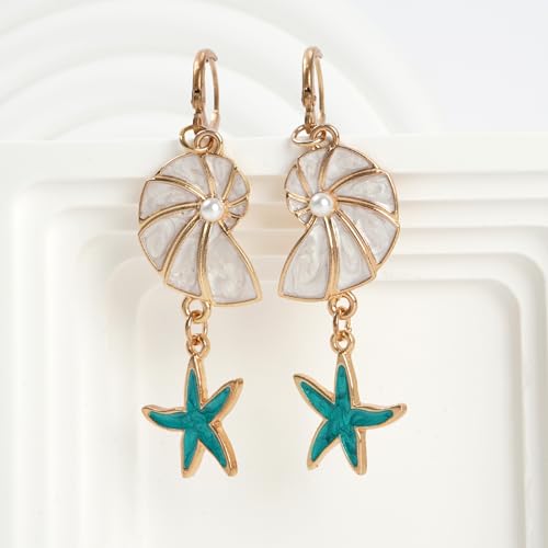 Dangle Gold Starfish Earrings for Women Starfish Seahorse Shell Earrings Drop Sea Shell Seashell Starfish Statement Earrings with Pearl Turquoise Tassel Chain Ocean Summer Vacation Beach Jewelry Gift4