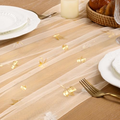 Image of Fall Maple Leaf Table Runner Beige Sheer Gauze Foil Table Runner, 6PC