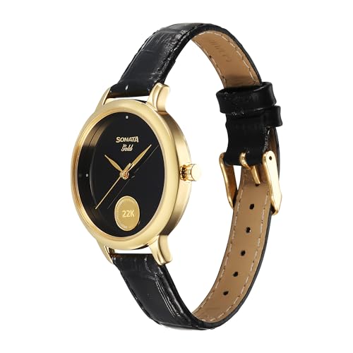 Image of Sonata Gold Quartz Analog Black Dial Leather Strap Watch for Women
