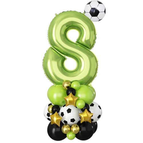 Image of Green Number 8 Balloon Soccer 40 Inch Number Eight Foil Balloons Tower Set for Boys 8th Birthday Party Decorations Giant Large Digital Aluminum Balloons Stack for Football Lover World Sports Game