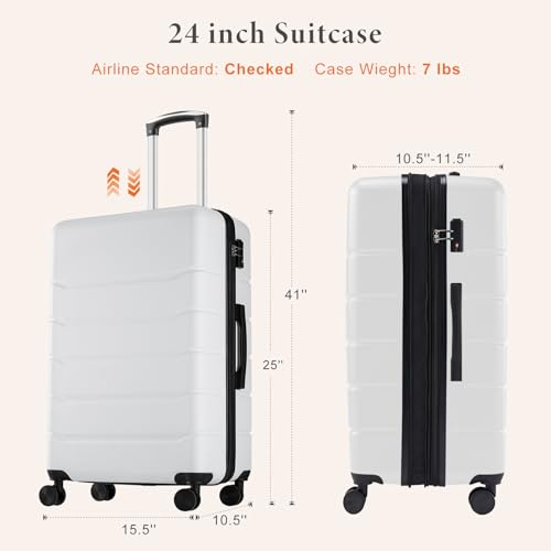 Image of Sweetcrispy Carry on Luggage, Hard Shell ABS Suitcase with Double Spinner Wheels, Lightweight Expandable Rolling Suit Case with TSA Lock, 24 Inch Cream White
