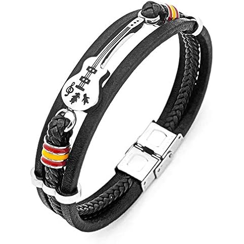 Eymi Mens Leather Cuff Bracelet Handmade Black Multi-Layer Cowhide Woven Rope Guitar Bangle, 8.3inch[Adjustable] Cover