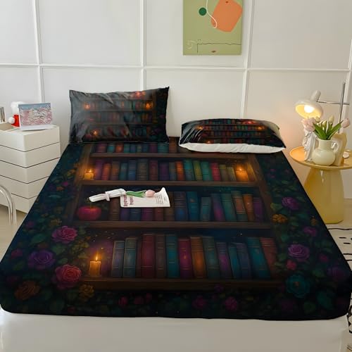 Sabana Bajera 180x200 Libro Sabanas Bajeras Estampadas Flores Sábana Bajera Ajustable Suaves, Elastico Funda Colchon con 2 Funda Almohada 50x80 cm, para Colchón de 30cm de Altura