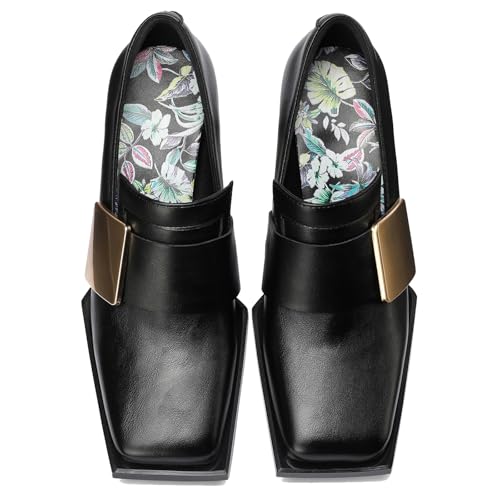 Image of Loafers for Women Patent Leather Buckle Square Toe Chunky Block Dress Slip On Wide Casual Comfortable Dressy High Heels Ladies Comfort Moccasins Elegantes 2 Inch Shoes