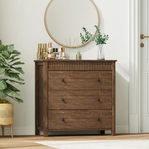 GarveeHome 3 Drawer Dresser, Modern Fluted Nightstand, Wooden Chest of Drawers, Storage End Table Organizer for Bedroom, Living Room, Hallway, Walnut