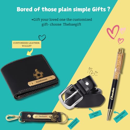 Image of Personalized Name & Charm Leather Mens Wallet Combo | Gifts for Men Husband Boyfriend Staff Employees Clients Colleagues Friend (Wallet,Pen,Keychain & Belt)