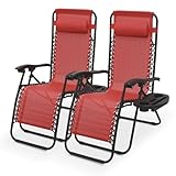 Athena Collection Zero Gravity Outdoor Lounge Chair Set of 2 with Cup Holder, 25' Width Pool Lounge Lawn Chairs Reclining, Outdoor Chaise for Beach Patio Backyard Outside, Dark Red