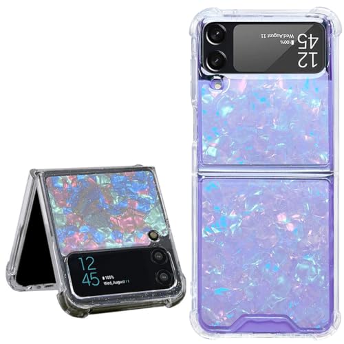 Abbery for Samsung Galaxy Z Flip 3 5G Case Clear Glitter Design Cute Bling Aurora Conch Shell Sparkle Shockproof Aesthetic Shockproof Phone Cover for Women Girls (Holo Shell)