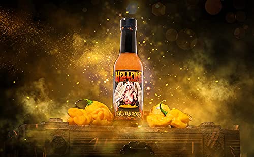Hellfire Devil's Gold Hot Sauce, Multi Award-Winning, Gourmet Fruit-Based Hot Sauce, Features Yellow Super Hot Peppers And Exotic Fruits, Amazing Sweet Heat, 5 Oz. #TOP3