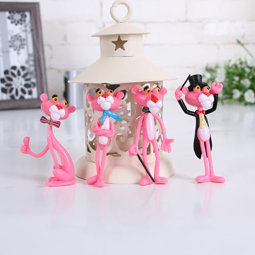 Spiaty PVC Pink Panther Cartoon Figurine Set with Home, Office and Car Dashboard Decorative White Lantern, Set of 4