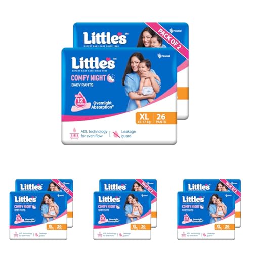 Image of Little's Baby Diapers XL Size (Extra Large) Pants Style | 12-17 kg | 52 Count | Comfy Nights Baby Diaper Pants with Leakage Guard & Upto 12 Hours Absorption (26 Count, Pack of 8)