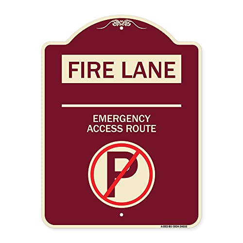 SignMission Designer Series Sign - Fire Lane - Emergency Access Route (with No Parking Symbol) | Burgundy 18" x 24" Heavy-Gauge Aluminum Architectural Sign | Made in The USA