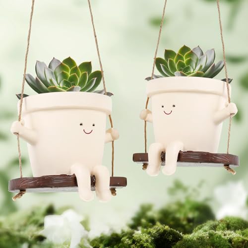 2 Pcs Swing Face Planter Pot, Hanging Resin Flower Head Planters, Decorative Cute Hanging Swing Planter, Little Swinging Pot Succulent Pots for Indoor Outdoor