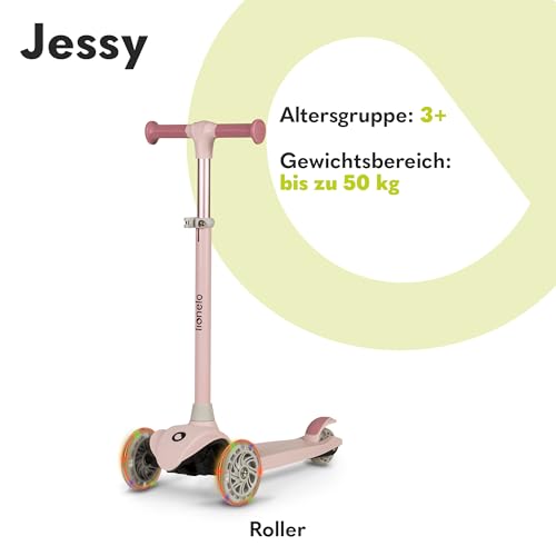 LIONELO Jessy Premium Dreirad-Kinderroller mit LED-Rädern für Kinder 3 Jahre bis 50 kg, Höhenverstellung und Rutschfester Plattform, Faltbarer Kinderroller. Kinderscooter ab Kleinkind Junge Mädchen