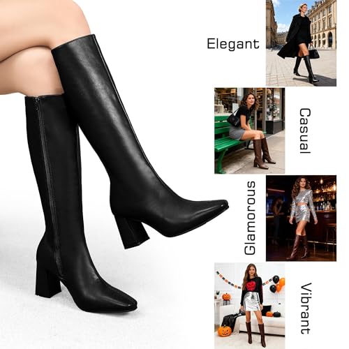 Putu Knee High Boots for Women, Chunky Heel Square Toe Tall Boots, Fashion Zip Up Long Boots 6