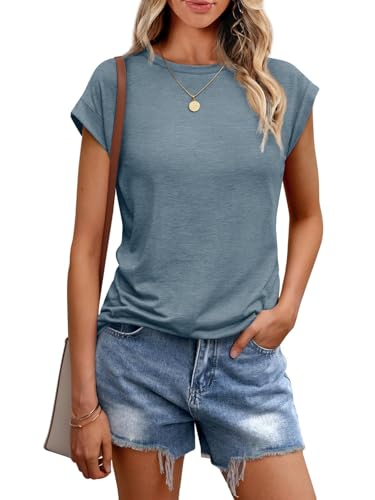 Cuptacc Tops Für Damen T Shirt Rundhals Oberteile Damen Elegant Bluse Kurzarm Sexy Top Sommer Blau Groß L 42-44