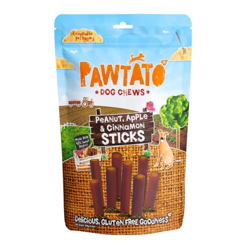 Pawtato Vegan Dog Sticks - Peanut Apple & Cinnamon (1 x 120g) Hypoallergenic Low Fat Plant-Based Chews for Training & Reward | Sweet Potato & Rice Rawhide-Free Treats