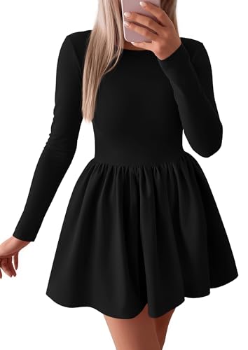 PRETTYGARDEN Women's Long Sleeve Mini Dresses 2025 Fall Casual Crewneck Pleated A Line Party Cocktail Short Dress with Pocket (Black,XL)