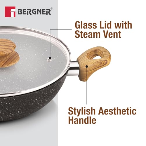 Image of Bergner Ivory Black Granite Non-Stick 4 Pcs Cookware Set - 24cm (2.5L) Kadai with Glass Lid, 24cm Frypan, 28cm Dosa Tawa, Forged Aluminium, Soft Touch Handle, PFOA Free, Induction and Gas Stove Ready