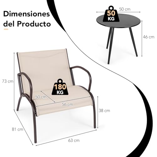COSTWAY Conjunto Jardin Exterior de 3 Piezas, 2 Sillones de Textilene y Mesa de Café, Marco de Aluminio, Muebles Mesa y Sillas Jardin Terraza Balcon Exterior - imagen 6