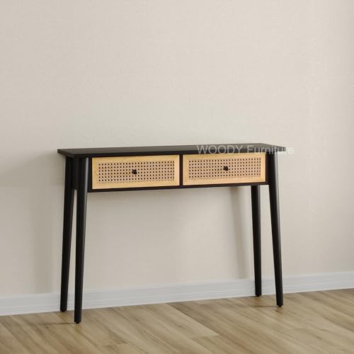 Image of WOODY Furniture Console Table with Storage | Solid Mango Wood Entryway Table for Living Room, Hallway & Bedroom | Foyer Desk (Black)