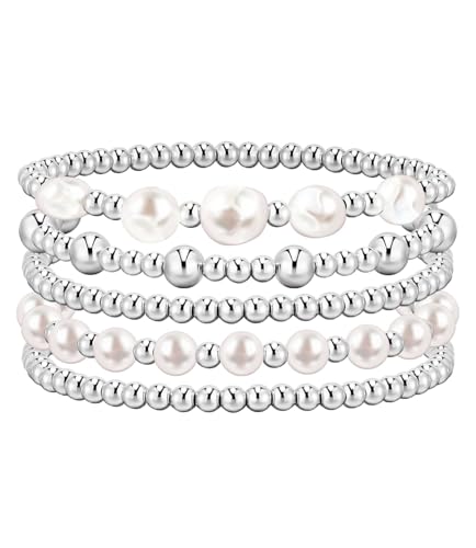 YAKEWA Gold Silver Beaded Bracelets Pack For Women Adjustable Stretch Pearl Bead Ball Bracelet Stack Set Jewelry Small Gifts For Teen(Silver)