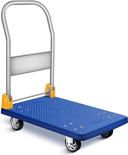 YSSOA Platform Truck with 440lb Weight Capacity and 360 Degree Swivel Wheels, Foldable Push Hand Cart for Loading and Storage, Blue