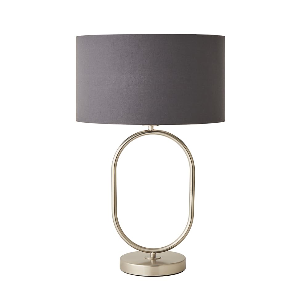 ValueLights | Antonia Charcoal Fabric Drum Lamp Shade Brushed Chrome Oval Table Lamp with Bulb | Table Lamps, Home Décor & Improvement Essential | Light Bulb Included
