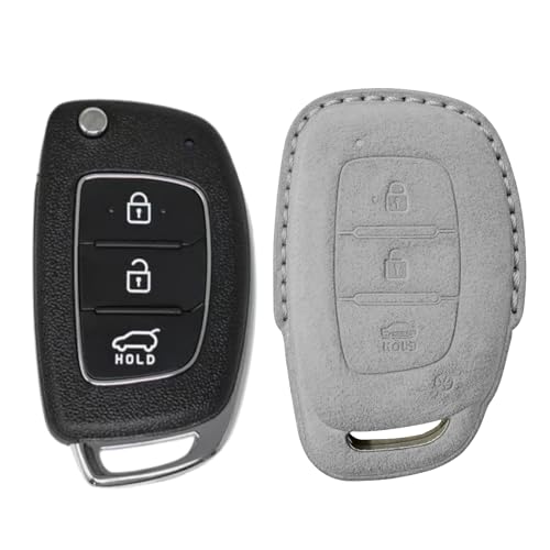 Image of KMH Alcantara Car Key Cover Compatible Hyundai Grand i10 NIOS Asta | Venue | i20 | Aura | Creta | Elantra 3 Button Shell Case Holder Full Key Protector Smart Keycover (D1) Grey - Pack of 1