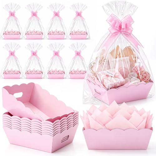 Image of Fuyoooo 8 Pack Pink Basket for Gifts Empty to Fill, 10 inch x 8 inch Thick Sturdy Kraft Scalloped Edge Gift Basket with Handle, 8 Wrap Bag 8 Bow 16 Tissue Paper for Christmas Wedding Birthday Wrapping Gift