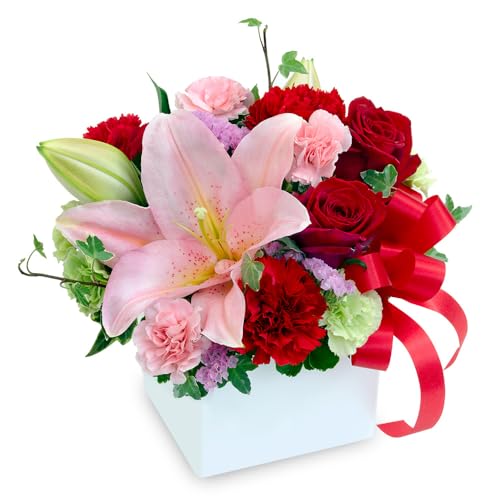 【敬老の日特集】ユリと赤のキューブアレンジメント