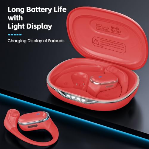 Image of TRAUSI Open Ear Wireless Earbuds Bluetooth Headphones, 80H Playtime Stereo Ear Buds with ENC Noise Cancelling, Fast Charging, IPX7 Waterproof Sports Earphones with Earhook for Running /Workouts (Red)
