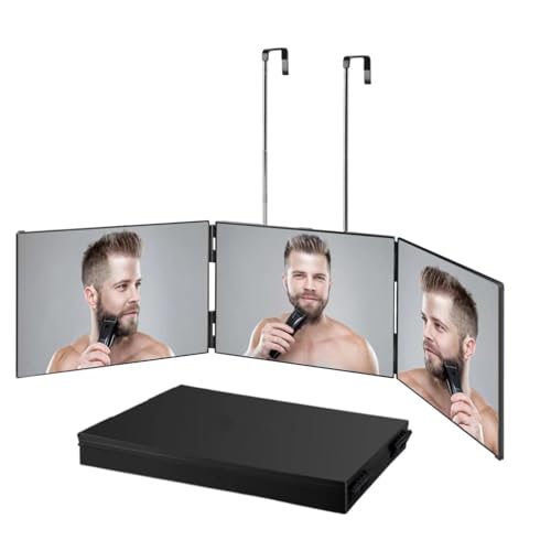 Vanexiss 3 Way Mirror for Hair Cutting Adjustable & Foldable Portable 360 Mirror with Height Retractable Hook for Braiding & Shaving Hair Coloring Black