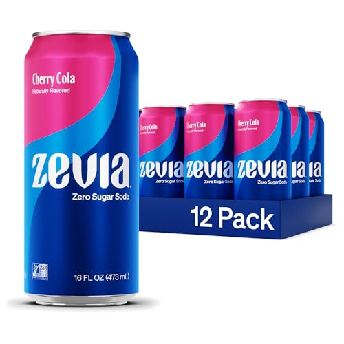 Zevia Zero Sugar Soda, Cherry Cola, 16 oz Cans (12-Pack) – Naturally Sweetened, Zero Calorie Sugar Free Soda - Non-GMO Project Verified, Gluten-Free, Vegan