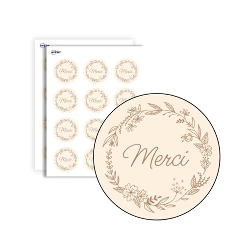 AVERY - 140 Etiquettes Merci Rondes Autocollantes - Ø 35 mm - Papier Recyclé - Couronne de Fleurs - 4 Planches A4 de Stickers Remerciements pour Mariage,...