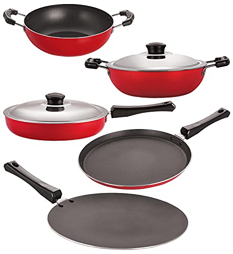 Image of Nirlon Non-Stick Aluminium Cookware Set, 5-Pieces, Red & Black