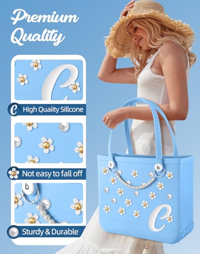 Flower Letter Charms for Bogg Bags Accessories Women Girls with Detachable Chain - Stylish Durable Decorative for Croc Simply Southern Totes Rubber Beach Bags C3