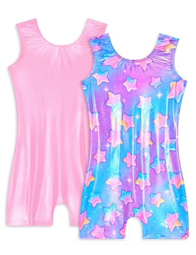 Snowheart Girls Leotards for Gymnastics Size 7-8 Years Old Macaron Star Shiny 2 Pack Shiny Pink Pro Gym Outfit