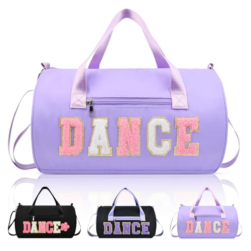 Dance Bag for Girls, KUIRAN 23L Waterproof Travel Duffel Bag with Colorful Chenille Letter, Lightweight Small Gym Sport Ballet Weekender Bag with Large Main Compartment - Purple/Pink/White