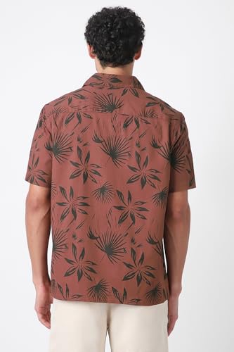 Image of Peter England Men's Cotton Blend Classic Fit Floral Print Casual Shirt | Cuban Collar, Half Sleeves | Casual Wear