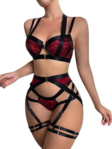 Foto de Lilosy - Conjunto de lencería sensual para mujer, liguero con arnés, bragas y brasier con varillas y tirantes delgados, 3 piezas (imagen 2)