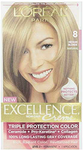 L'Oreal Paris Excellence Creme Permanent Hair Color, 8 Medium Blonde, 100% Gray Coverage Hair Dye, Pack of 1