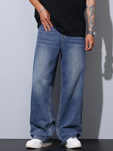 Image of DFGIGT Mens Baggy Jeans Wide Leg Denim Pants Y2k Loose Fit Streetwear | Hip Hop,Vintage 2000s,Jinco Jeans,Straight Leg,5 Pockets