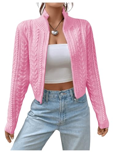 Image of MakeMeChic Women's Cropped Cable Knit Sweater Zip Cardigan Fall Clothes