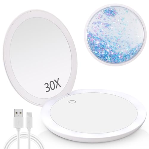 MIYADIVA Espejo compacto con luz, 1X/10X/30X espejo de viaje con luz, espejo de aumento iluminado de 4 pulgadas, espejo compacto LED con ajuste de brillo continuo