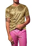 WDIRARA Men's Metallic Round Neck Short Sleeve Tee Party T Shirt Top Gold Solid Medium