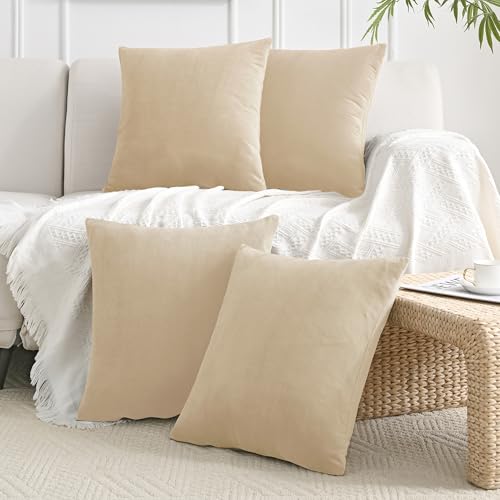 JELLYMONI Velvet Throw Pillow Covers Set of 4, 18 x 18 Inch Beige Decorative Cushion Covers, Soft Square Pillowcases for Sofa, Couch, Bed – No Insert Included
