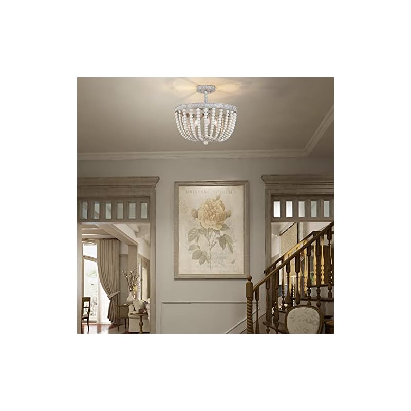 Optimant Lighting Boho Flush Mount Ceiling Light, Antique Lime White Wood Beaded Close to Ceiling Light Fixtures for Hallway, Bedroom, Foyer, Kitchen and Nursery (3 Light) - Image 4