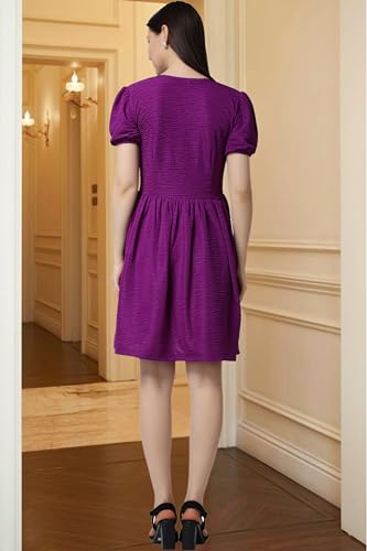 Image of POPWINGS Casual Self Crush Design Solid Knee Length Blouson Peplum Dress for Women || Stylish Summer Dress for Women || Knee-Length Dress for Women || V-Neck Dresses for Women